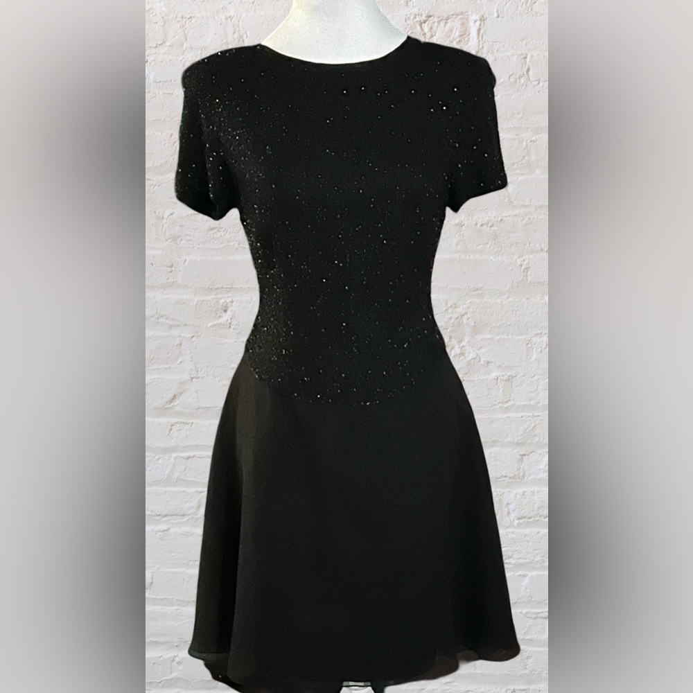 Bieff Basix VTG 100% Silk Hand Beaded Fit & Flare Cocktail Event Dress Sz 12